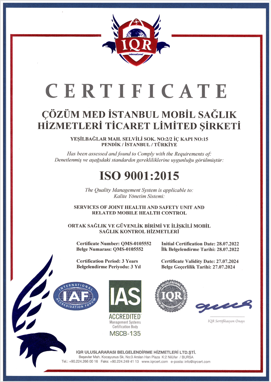 ÇözümMed - ISO 9001 Kalite Belgesi